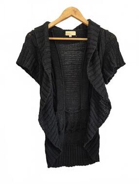 Haiku Ladies Black Cable Knit Open Front Short Sleeve Cardigan Rolled Neck Hi Lo